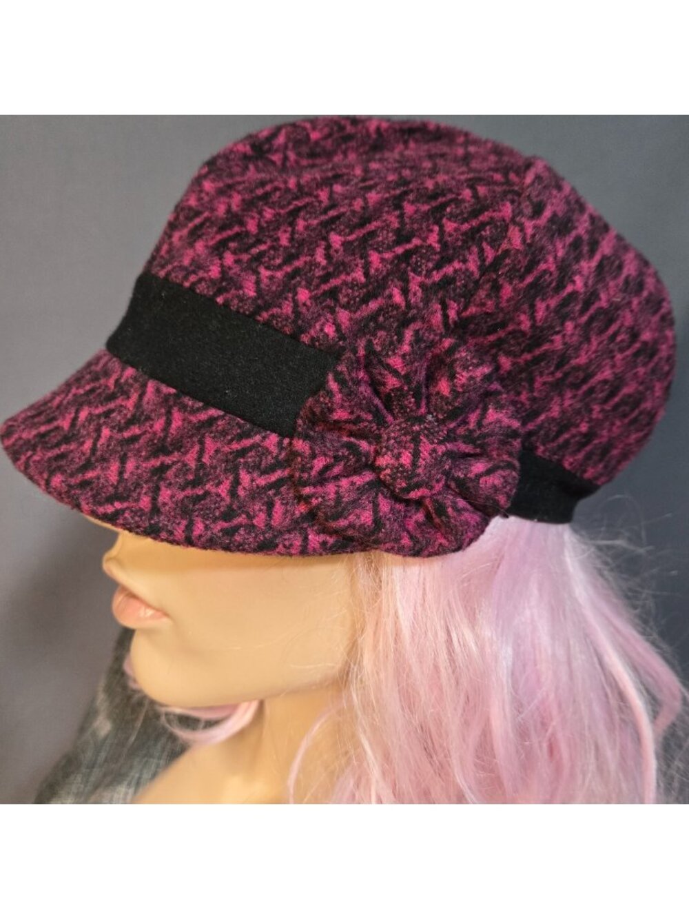 Y2K Plum Purple Tweed Newsboy Cap Hat With Rosette 2000s Twee One Size